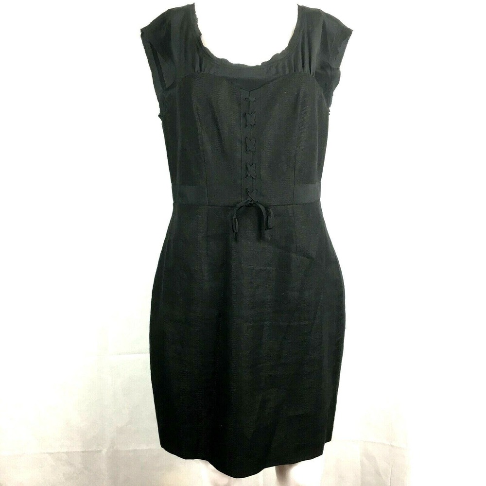 Rebecca Taylor Dress Womens Sz 8 Black Linen Silk Short Sleeve Sheath